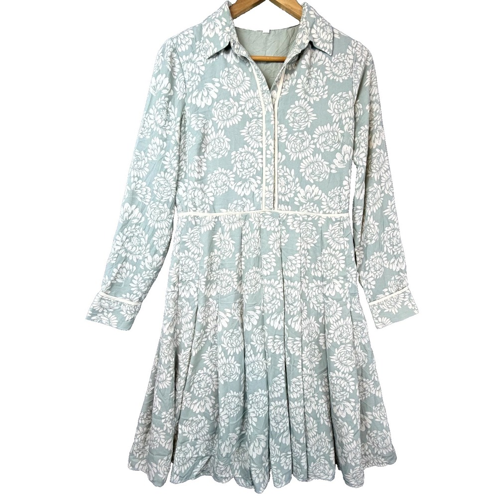 Downeast A Line Dress Womens Small Green Floral Modest Housewife Pleated Retro